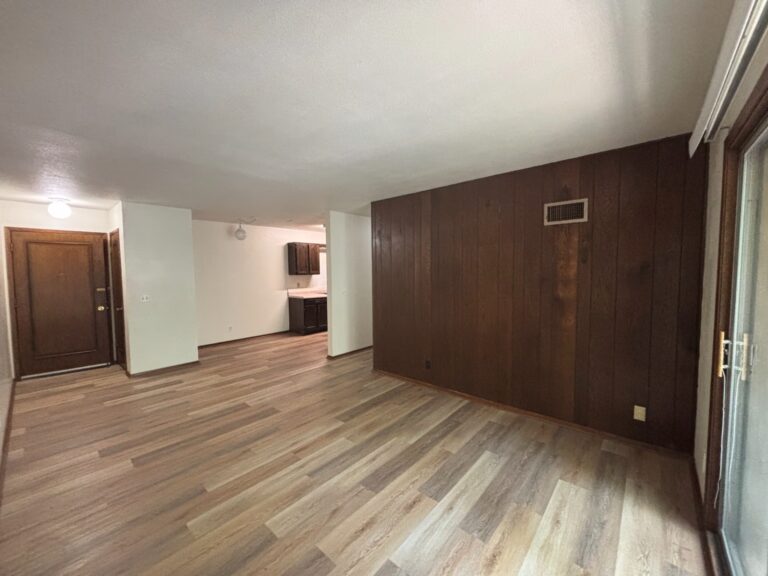Empty living room with dark wood panel accent wall, wood-look flooring, and kitchen visible behind.