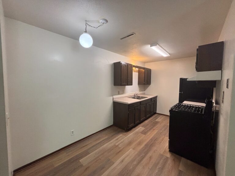 Empty kitchen with dark cabinets, white countertop, black stove, and wood-style flooring
