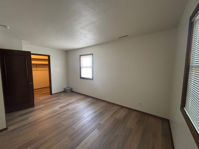 Empty room with wood-look flooring, white walls, two windows, and open door to a closet