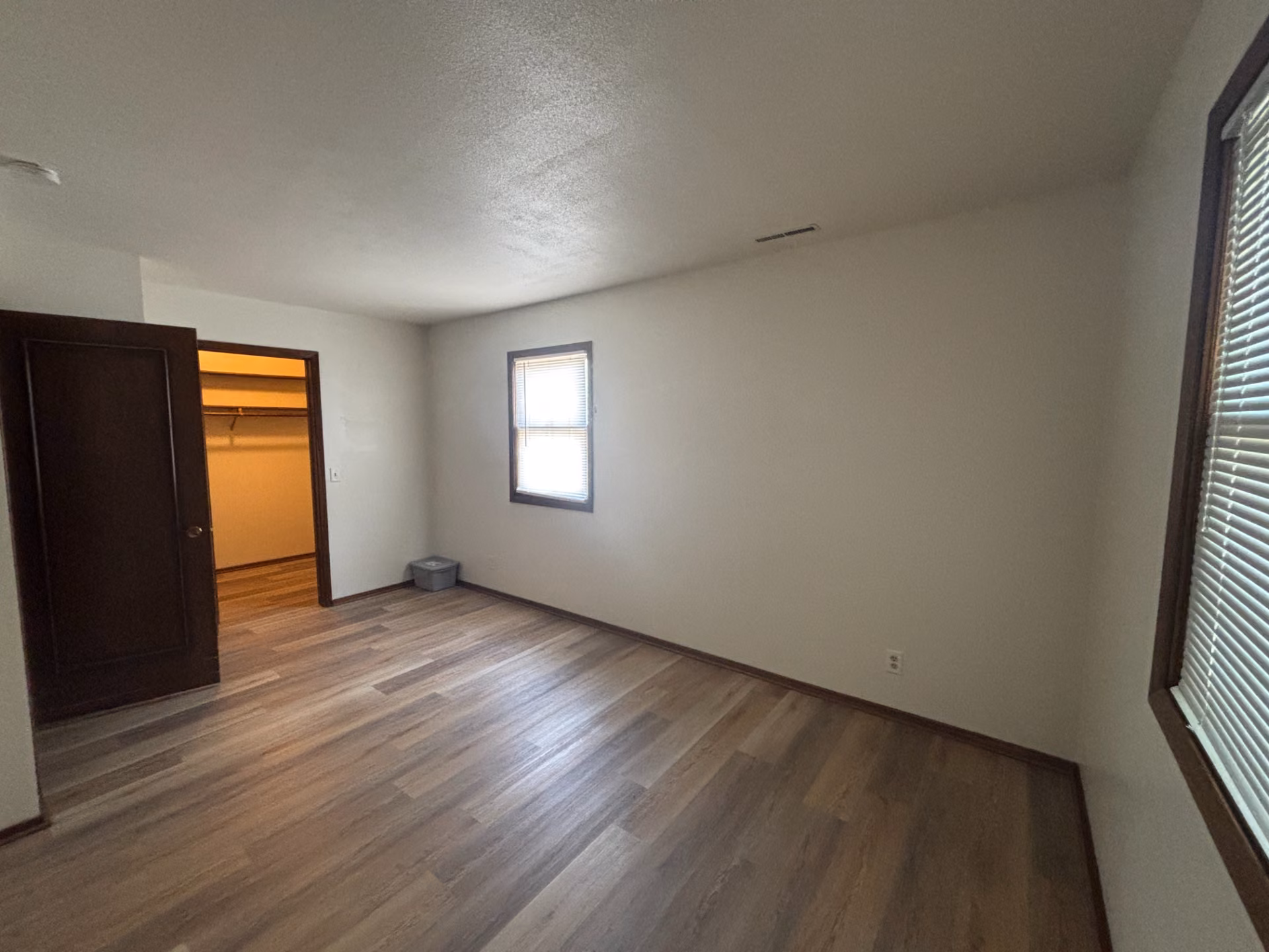 Empty room with wood-look flooring, white walls, two windows, and open door to a closet