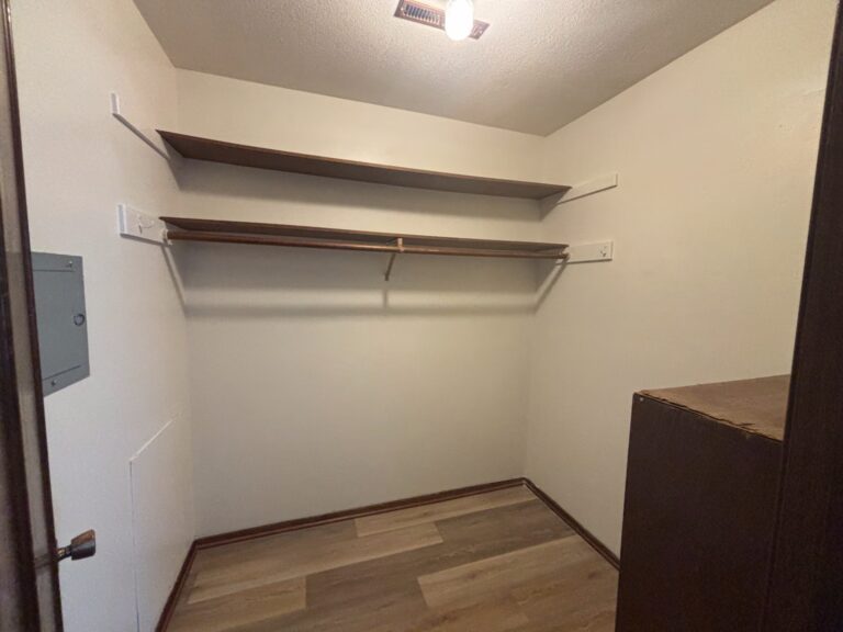 Empty closet with wooden wall shelves, wood-look flooring, and a ceiling light fixture.