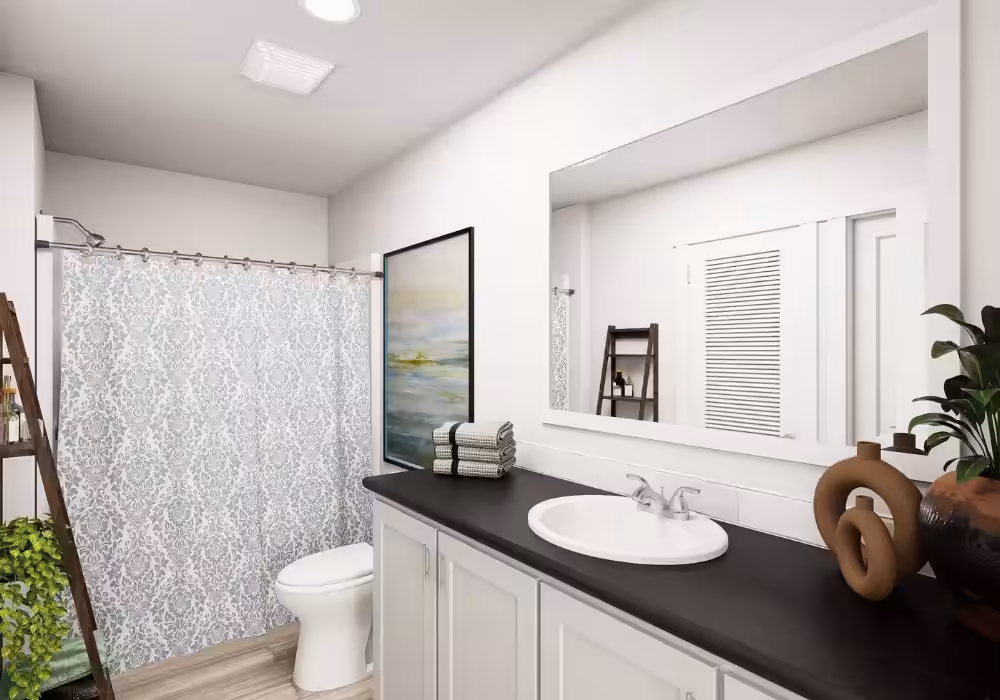 White bathroom with dark vanity countertop, oval sink, large mirror, and patterned shower curtain.