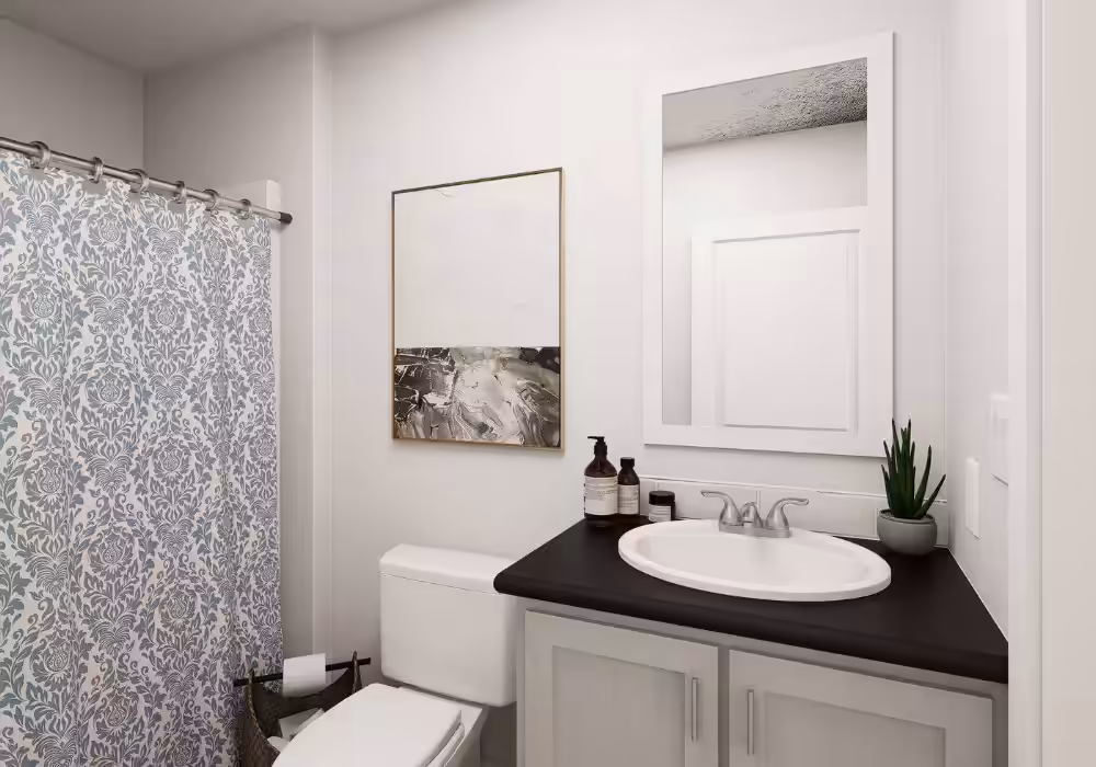 Bathroom with white toilet, patterned shower curtain, sink vanity with mirror, and potted plant