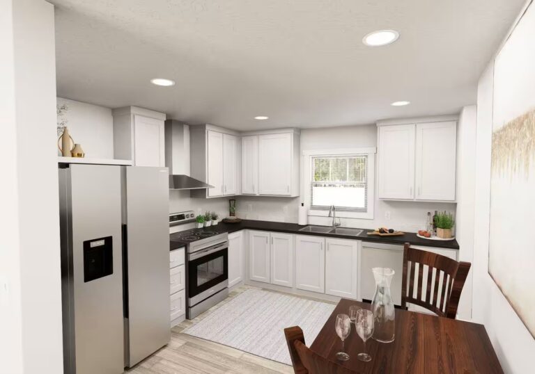Modern kitchen with white cabinets, black countertops, stainless appliances, and wooden dining table