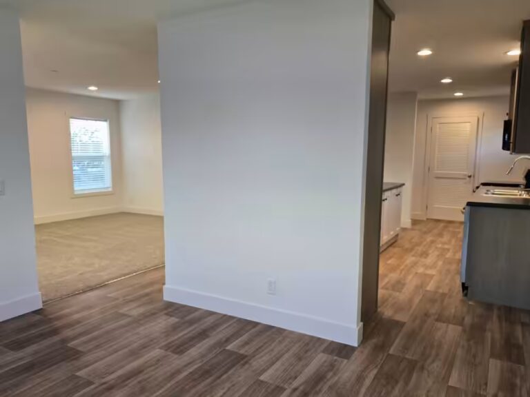 Empty home interior with wood-look flooring, carpeted bedroom, and kitchen with sink and cabinets.
