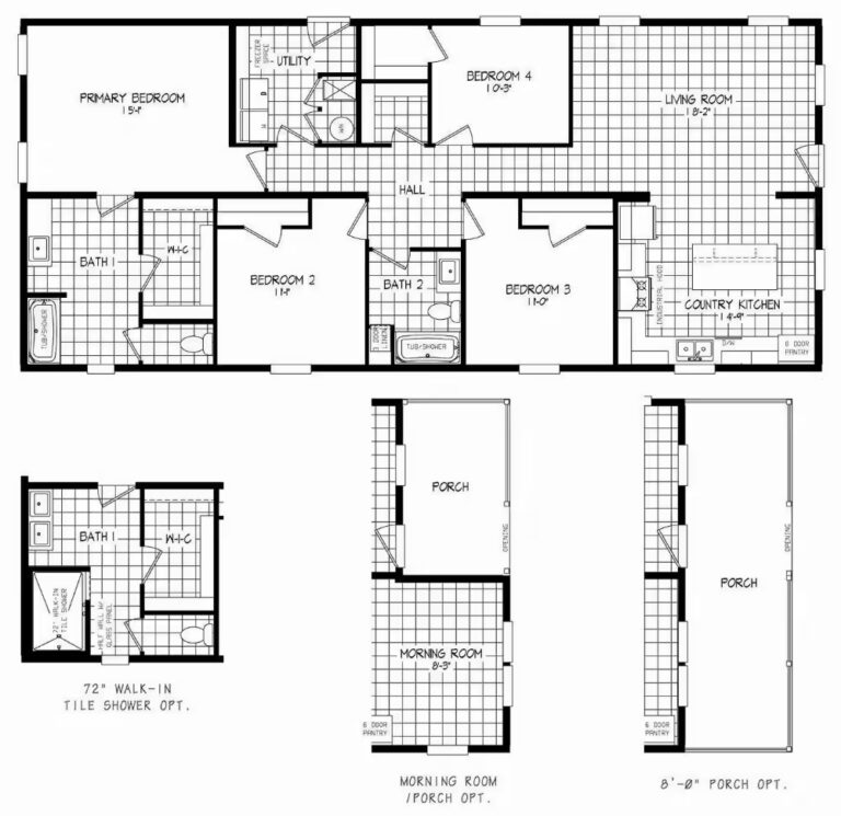 Floor plan: 4-bedroom home with country kitchen, living room, 2 baths, porch and morning room options