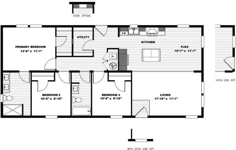 Mobile home floor plan with primary bedroom, 2 bedrooms, kitchen, living, utility, flex room