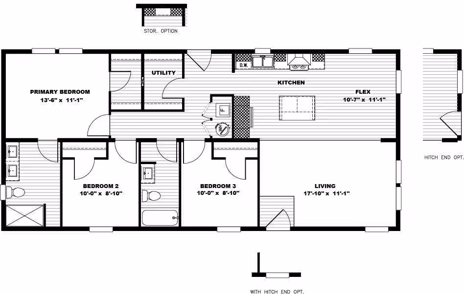 Mobile home floor plan with primary bedroom, 2 bedrooms, kitchen, living, utility, flex room