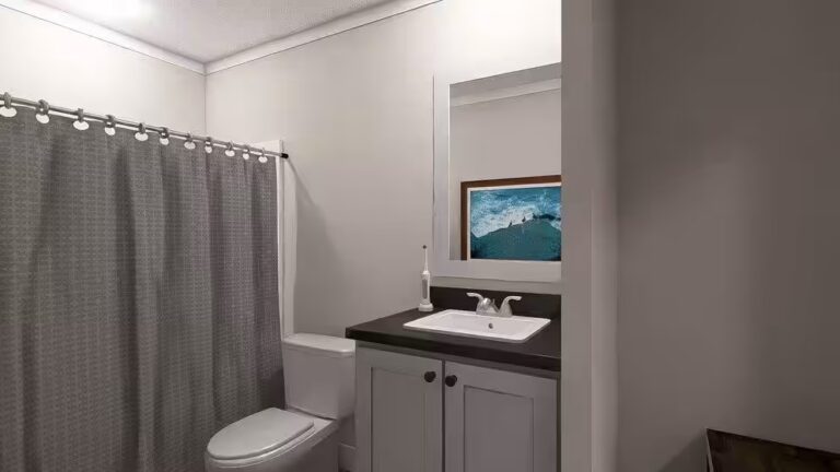 Bathroom with gray shower curtain, white toilet, and vanity with dark countertop and mirror