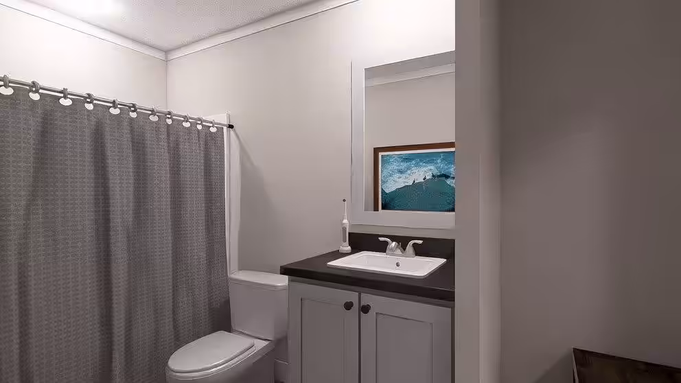 Bathroom with gray shower curtain, white toilet, and vanity with dark countertop and mirror