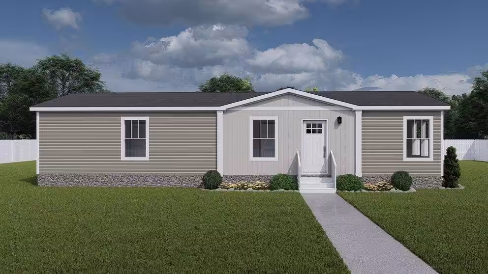 Single-story tan manufactured home with white trim, gray roof, and concrete walkway on green lawn.