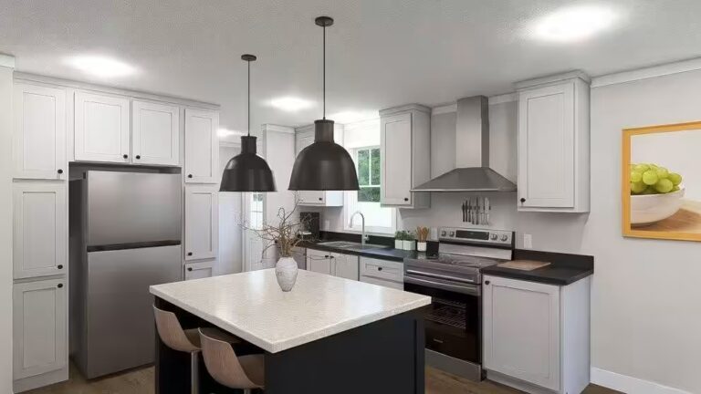 Modern kitchen with white cabinets, stainless steel appliances, black pendant lights over island