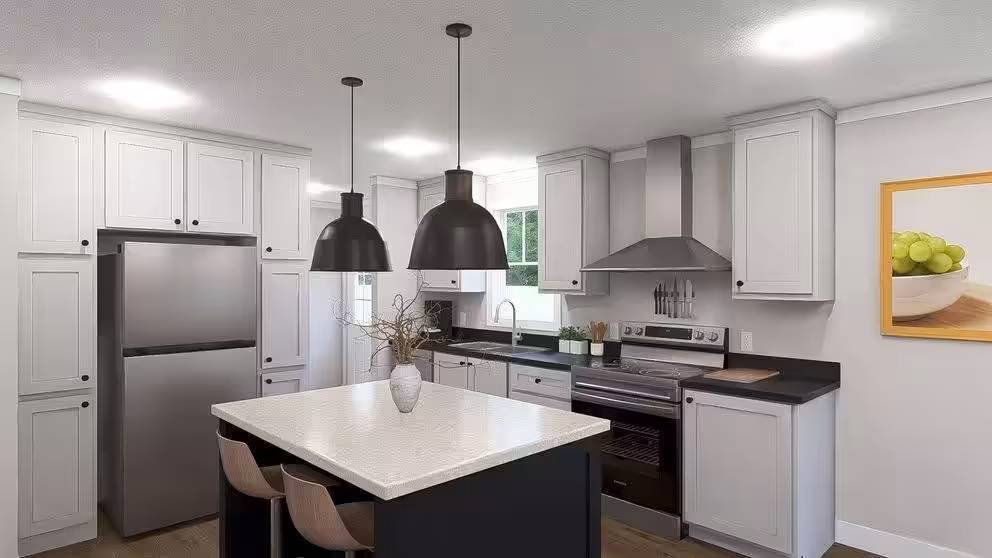 Modern kitchen with white cabinets, stainless steel appliances, black pendant lights over island