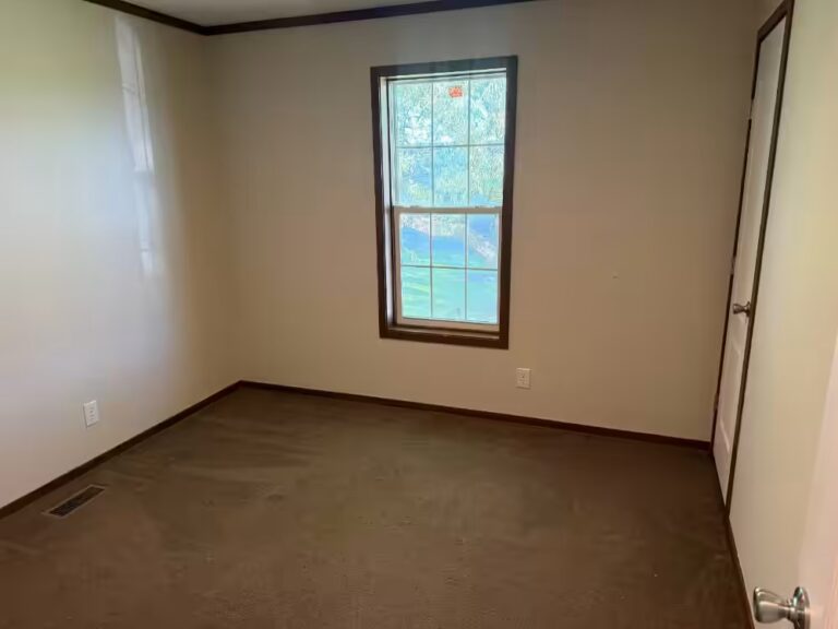 Empty room with beige walls, brown carpet, and a window overlooking greenery.