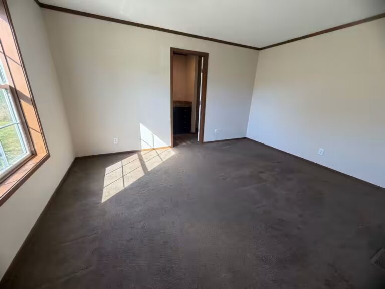 Empty room with white walls, brown carpet, a window on the left, and an open doorway to another room.