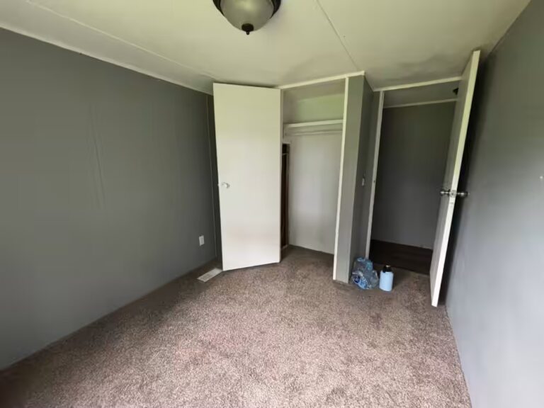 Empty room with gray walls, beige carpet, open white door, closet, and ceiling light fixture