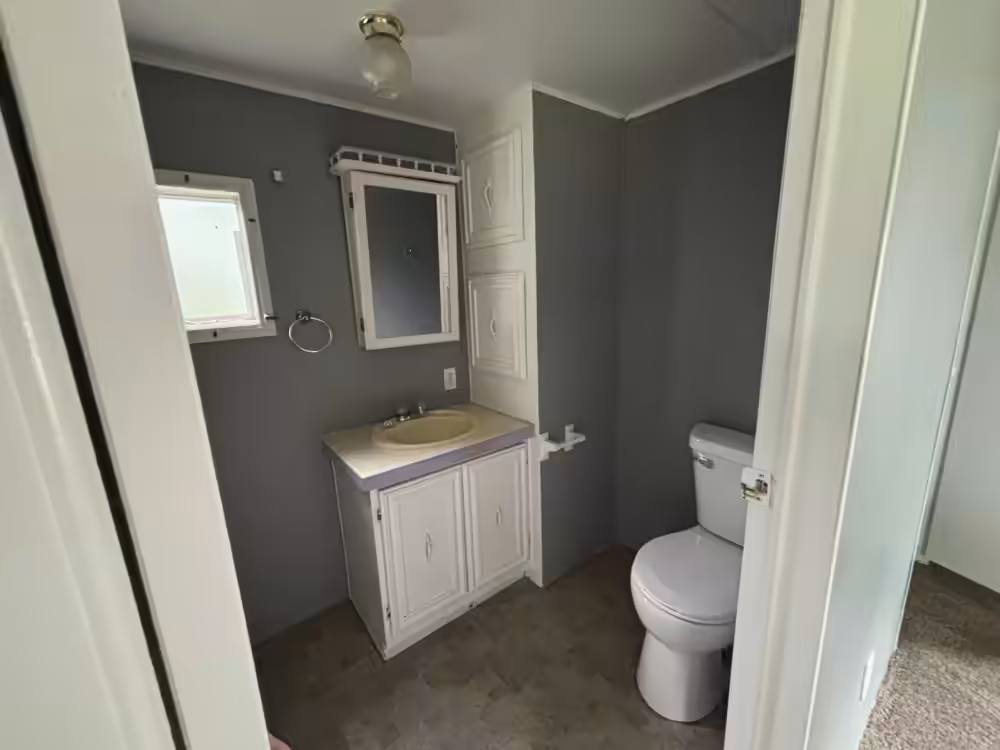 Bathroom with gray walls, white vanity cabinet, mirror, and toilet seen through an open door.