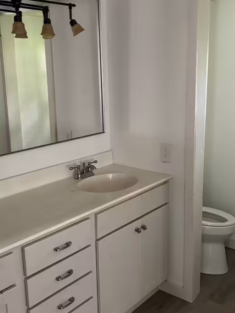 White bathroom vanity with sink and large mirror beside a toilet visible through a doorway.