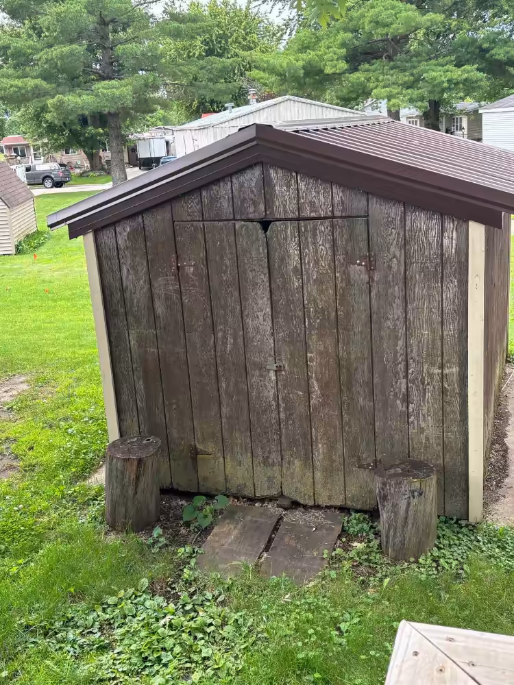 Weathered wooden shed with brown metal roof and double doors, flanked by two tree stumps on grass.